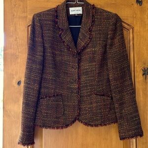 Albert Nipon Blazer Women's Size 6 Brown Multicolor Wool Blend Tweed Raw Edge